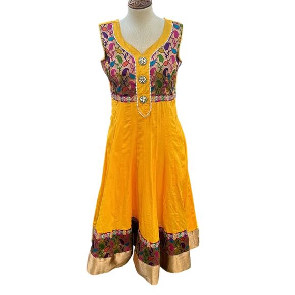 Indian Maxi Yellow Rhinestones Dress Women's Large *Flaw* - Picture 1 of 16